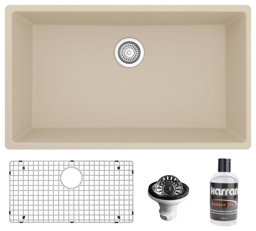 Karran QU-812 Undermount 32.5" Large Single Bowl Quartz Sink Kit, Bisque