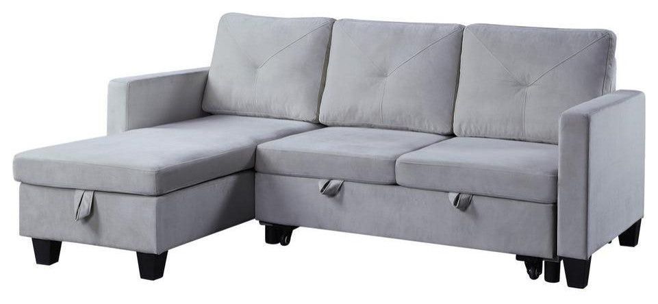 Nova Light Gray Velvet Reversible Sleeper Sectional Sofa with Storage Chaise