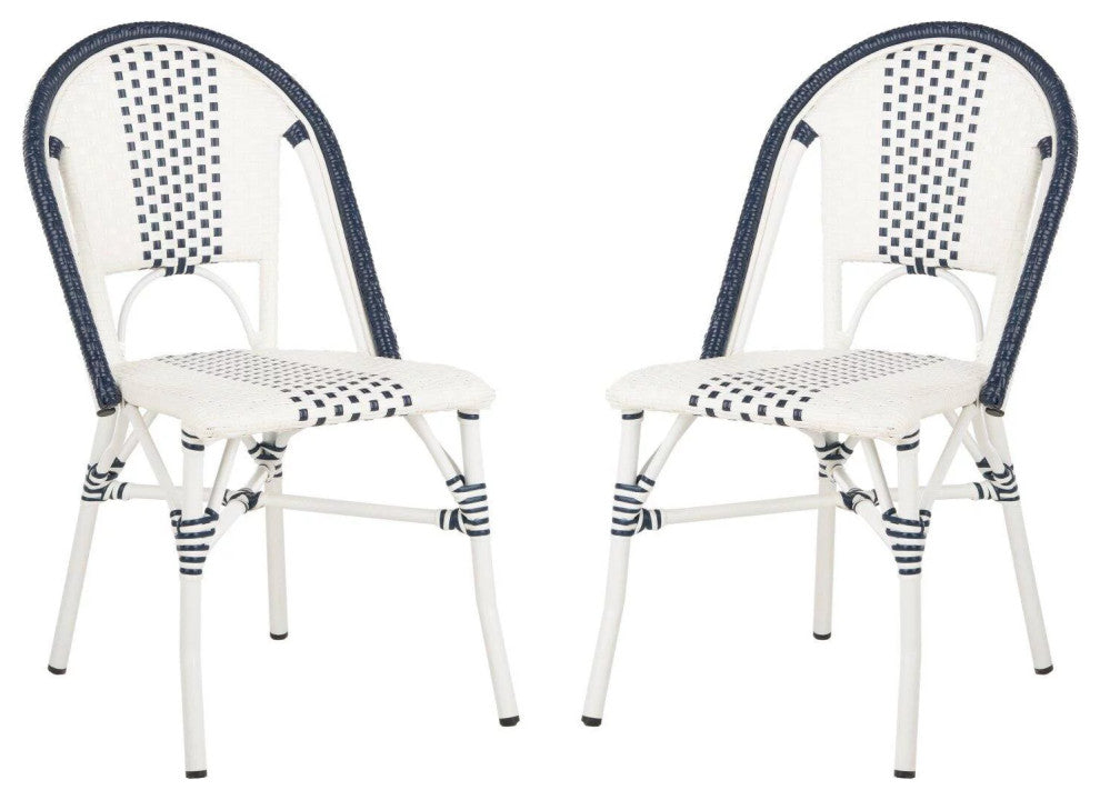 Set of 2 Contemporary Dining Chair, Rattan Seat With Curved Backrest, Navy/White