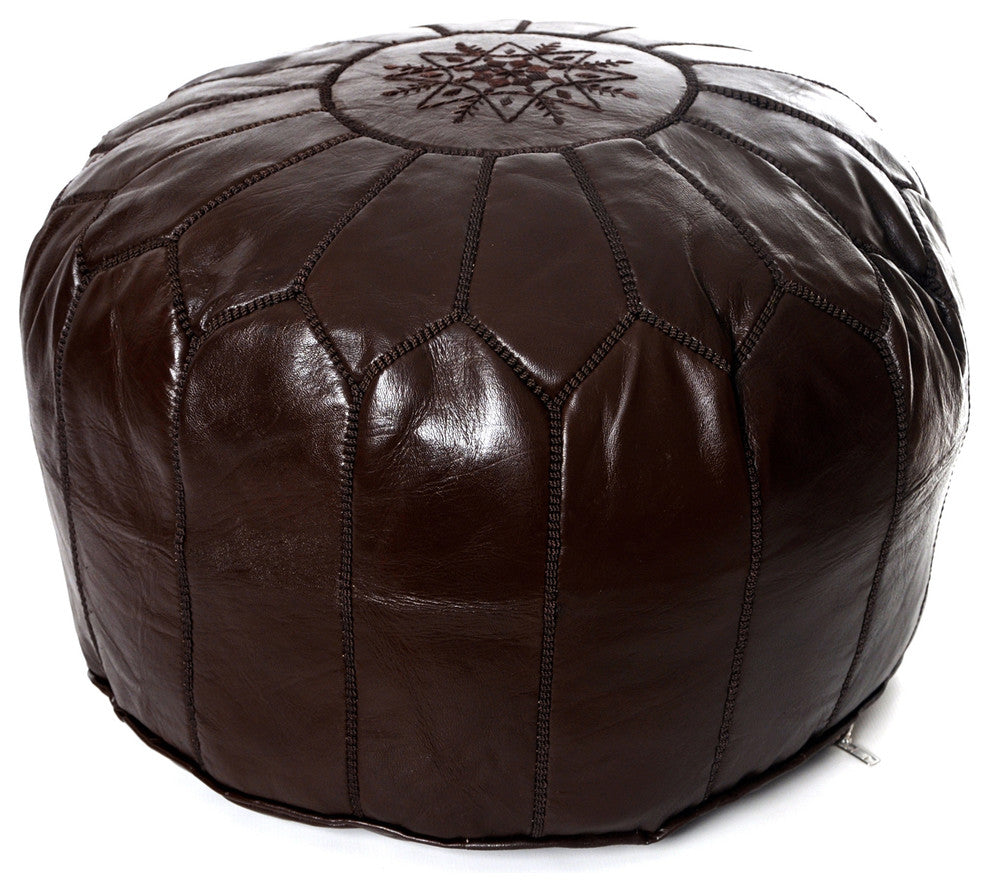Moroccan Leather Pouf, Chocolate Brown