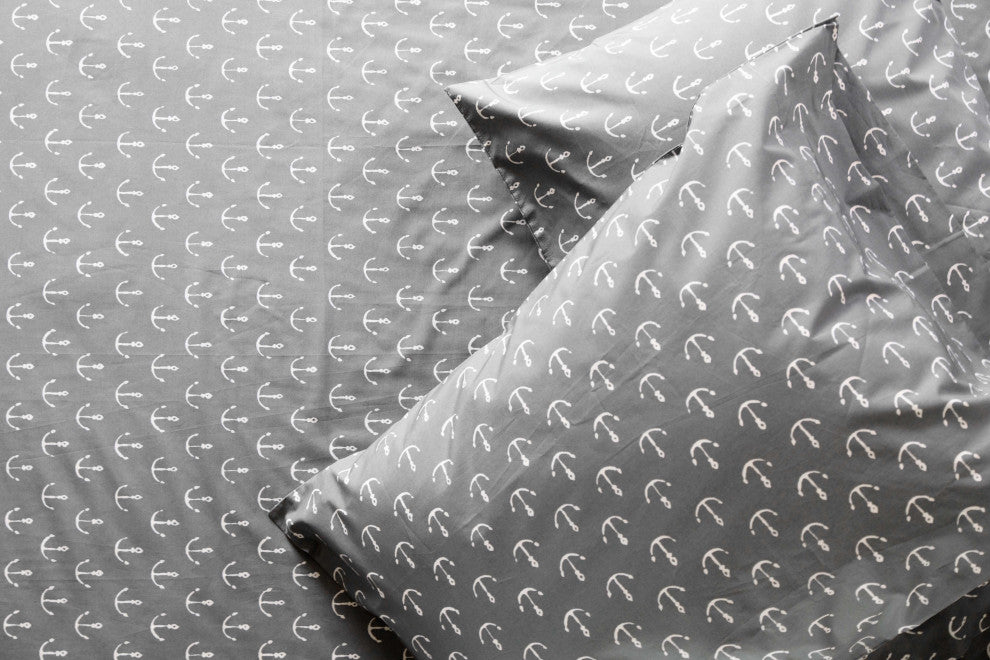 Nautical Anchors 400 TC 100% Matte Sateen Cotton Sheet Set, Charcoal, Twin