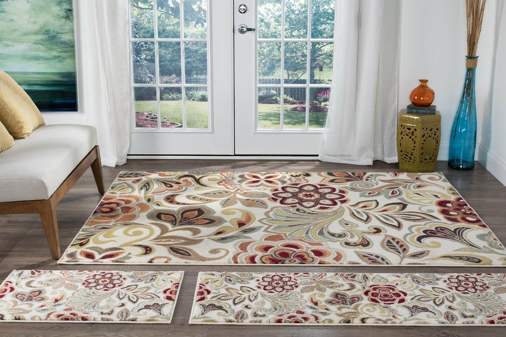 Dilek Transitional Floral Area Rug, Ivory, 5' X 7', 20'' X 60'', 20'' X 32''