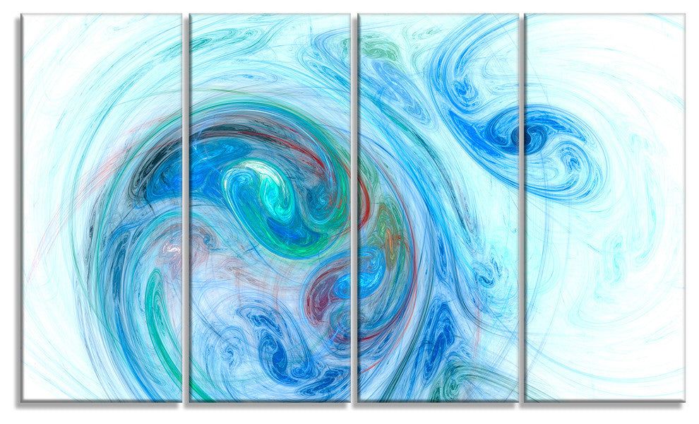 Light Blue Fractal Illustration, Abstract Canvas Wall Art, 48"x28", 4 Panels
