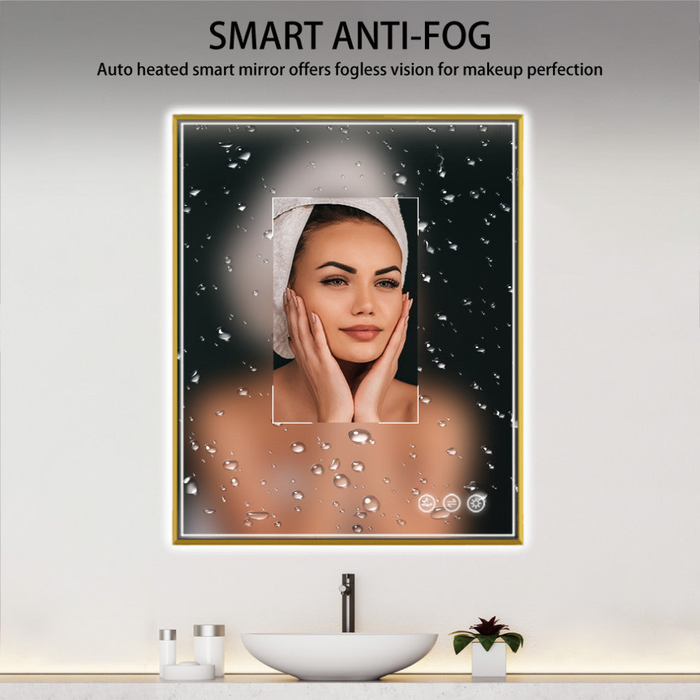 Fogless, Dimmable, Color Temperature Adjustable LED Mirror, Brush Gold, 30x36