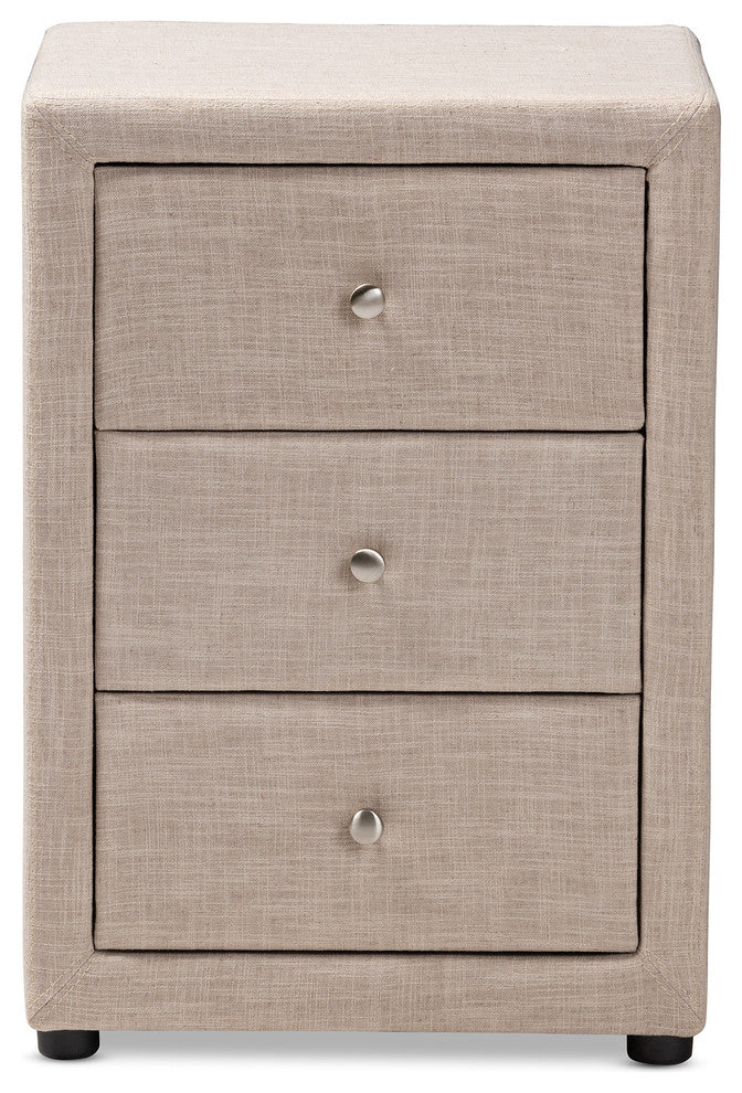 Tessa Modern and Contemporary Beige Upholstered 3-Drawer Nightstand