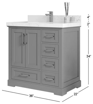 Boston 36" Center Sink Bath Vanity in Alabaster 2" White Quartz