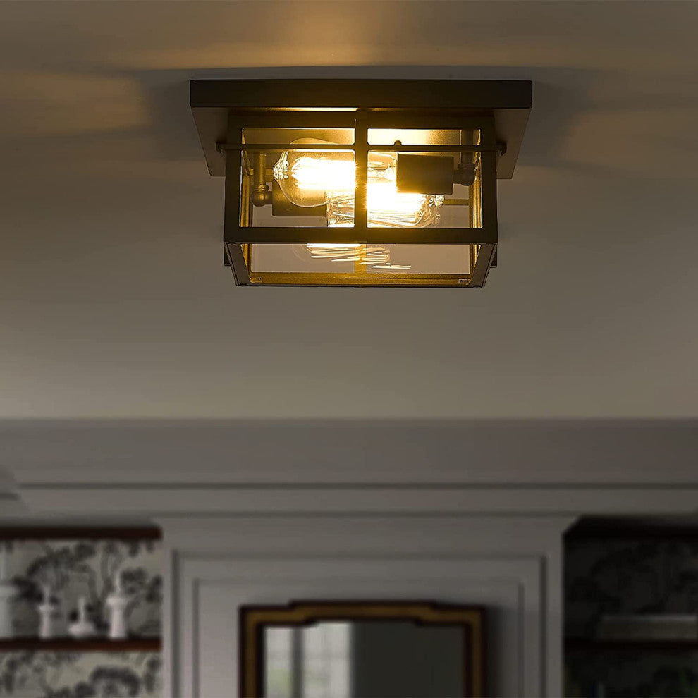 2 Light Farmhouse Flush Mount Ceiling Light Fixture Glass Black Close to Ceiling