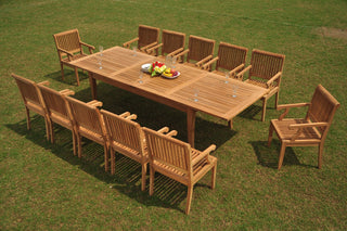 13-Piece Patio Teak Dining Set: 122" X-Large Rectangle Table, 12 Sack Arm Chairs