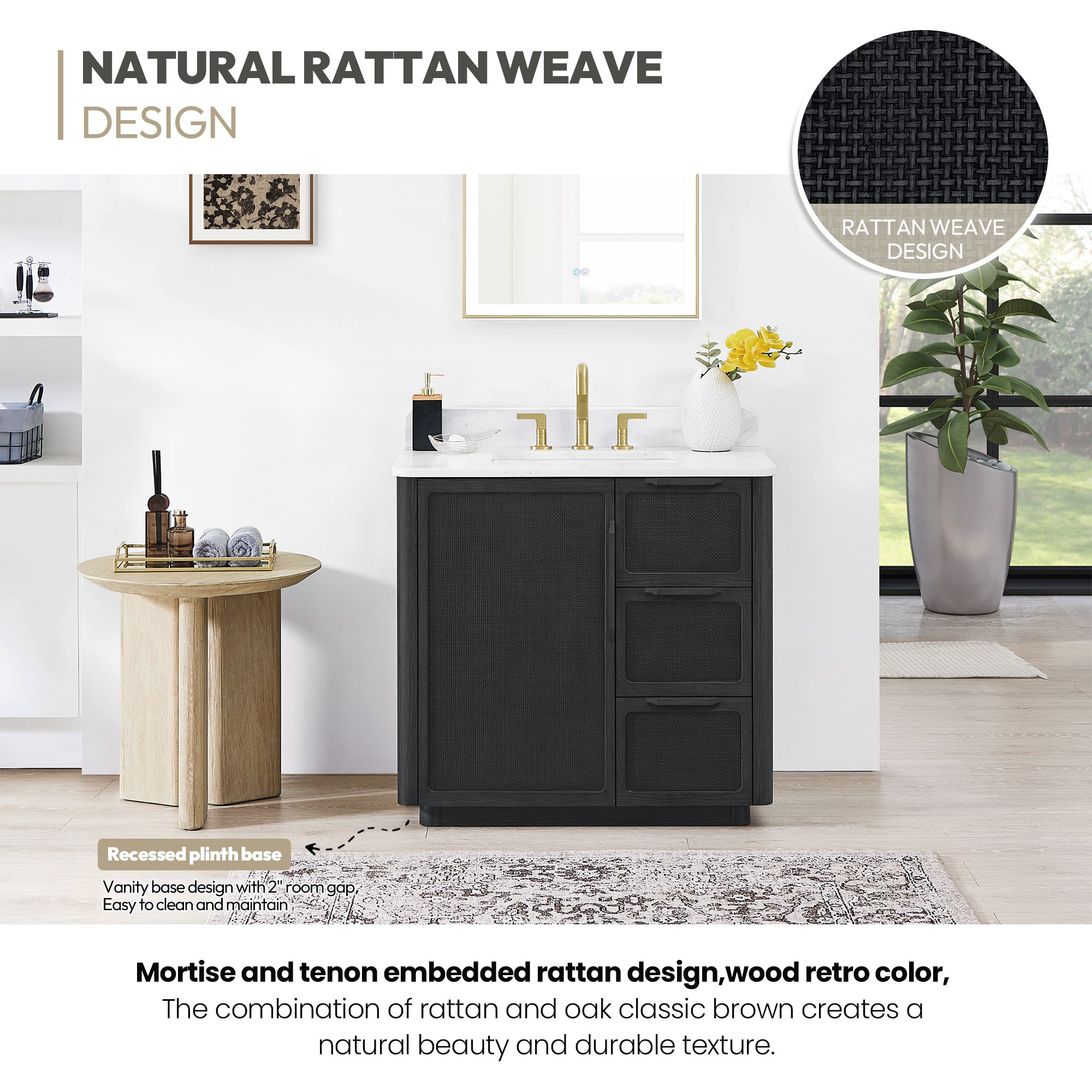 Busan Bath Vanity, Quartz Top No Mirror, Oak Classic Black, 36", Single Vanity