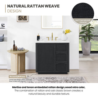 Busan Bath Vanity, Quartz Top No Mirror, Oak Classic Black, 36", Single Vanity