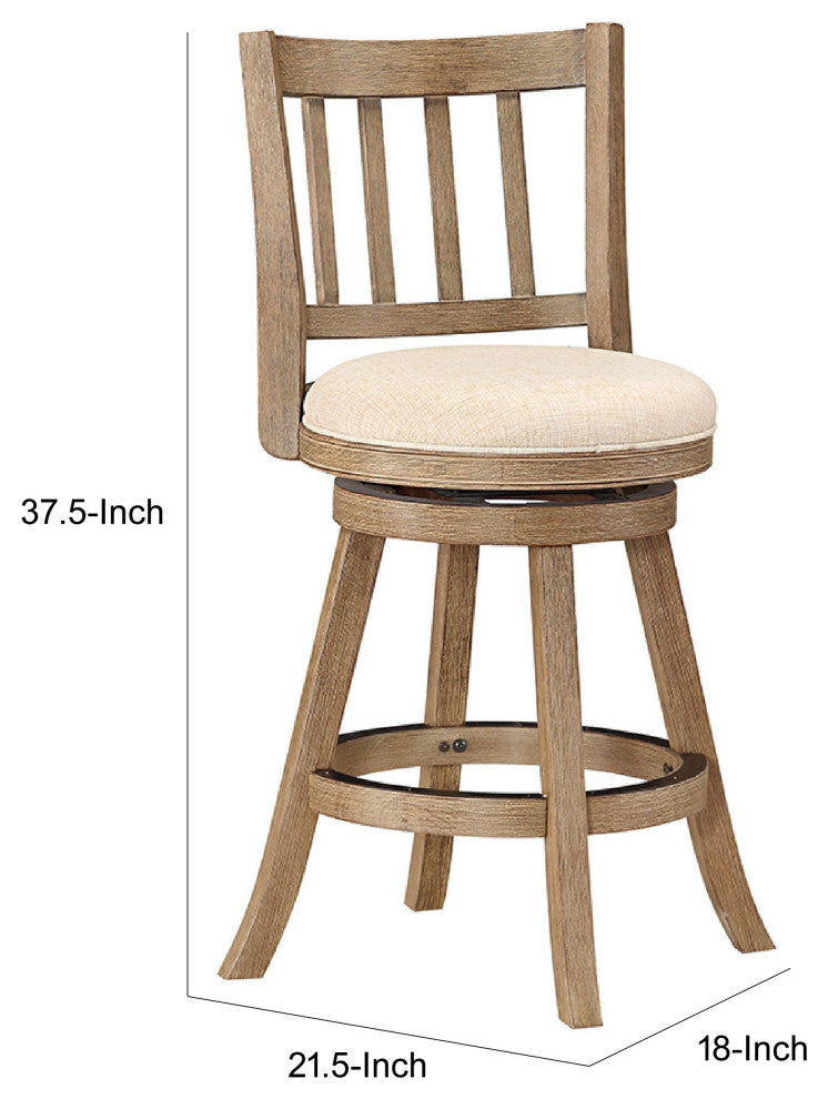 Adam 24 Inch Solid Wood Swivel Counter Stool, Slatted Back, Ivory