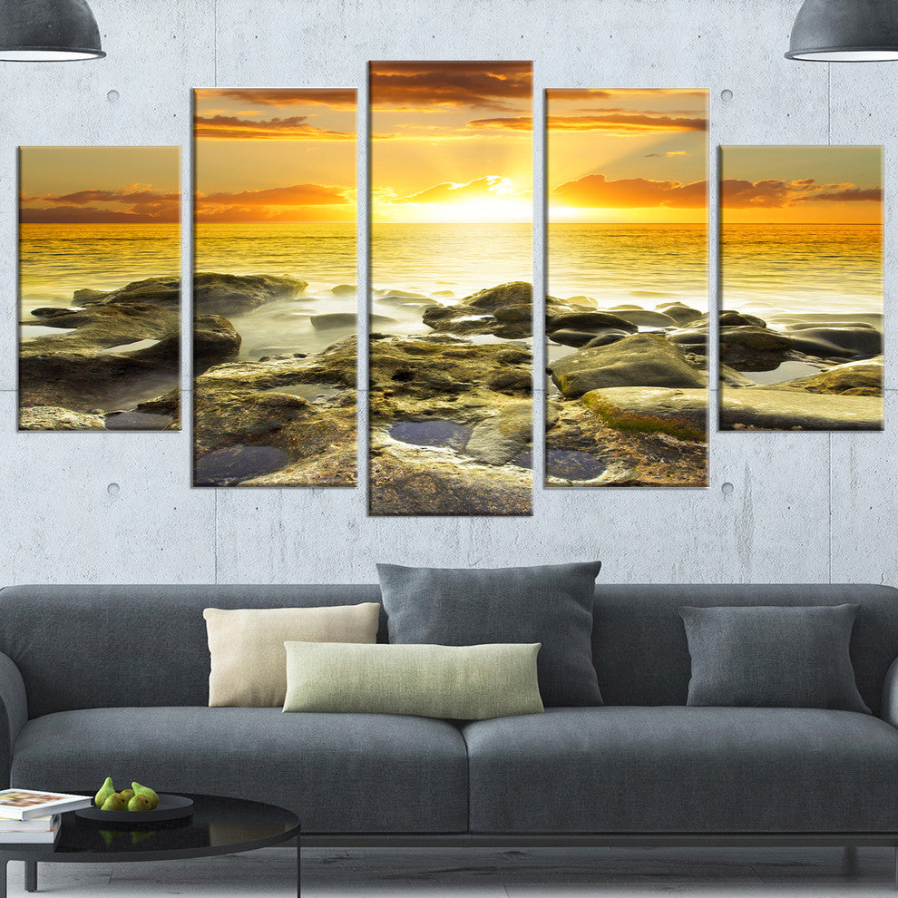 Beautiful Orange Sundown Beach, Seashore Canvas Art Print, 60"x32", 5 Panels