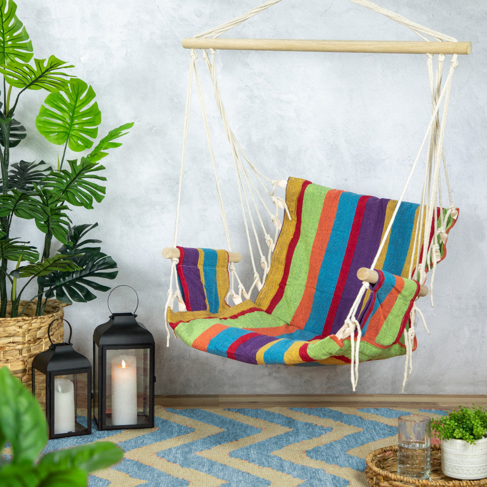 37" Multi-Color Stripe Outdoor Patio Hammock Chair with Armrests