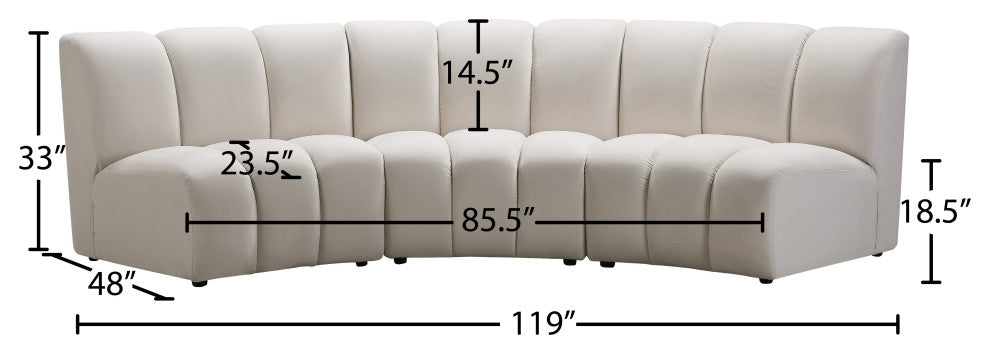 Infinity Channel Tufted Velvet Modular Chair, Cream, 3 Piece