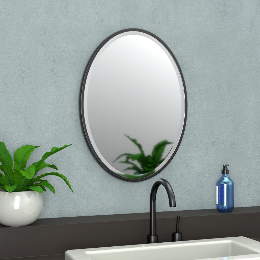 Flush Mount Framed Oval Wall Mirror, Matte Black, 33