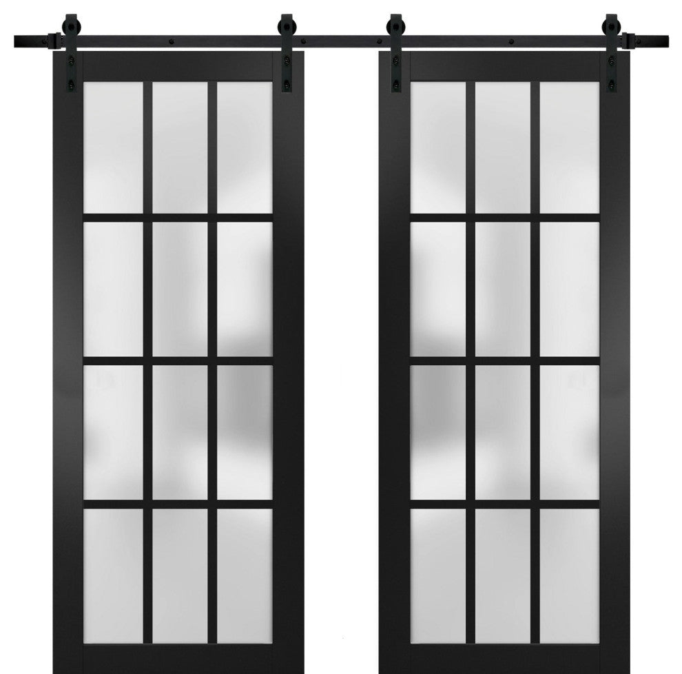 Double Barn Door 48 x 80, Felicia 3312 Matte Black Frosted Glass, 13' Rail