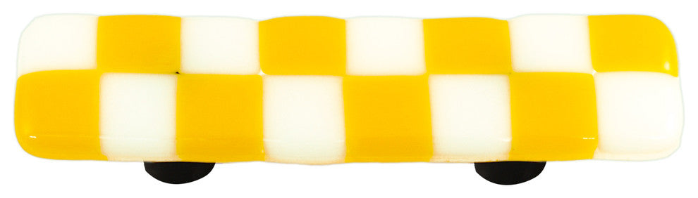 Art Glass Rectangle Checked Pull, Alum Post, Sunflower Yellow White Squares