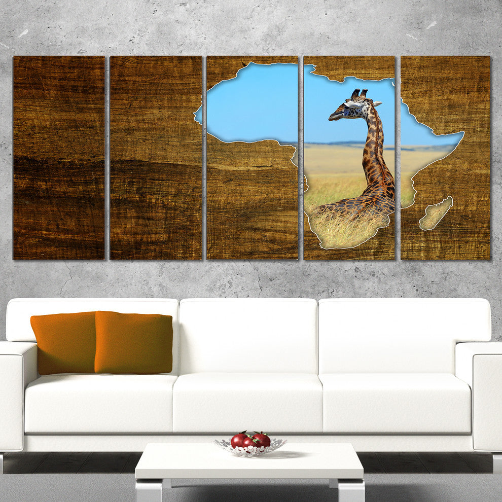 Africa Wildlife Map Design, Abstract Canvas Artwork, 60"x28", 5 Panels