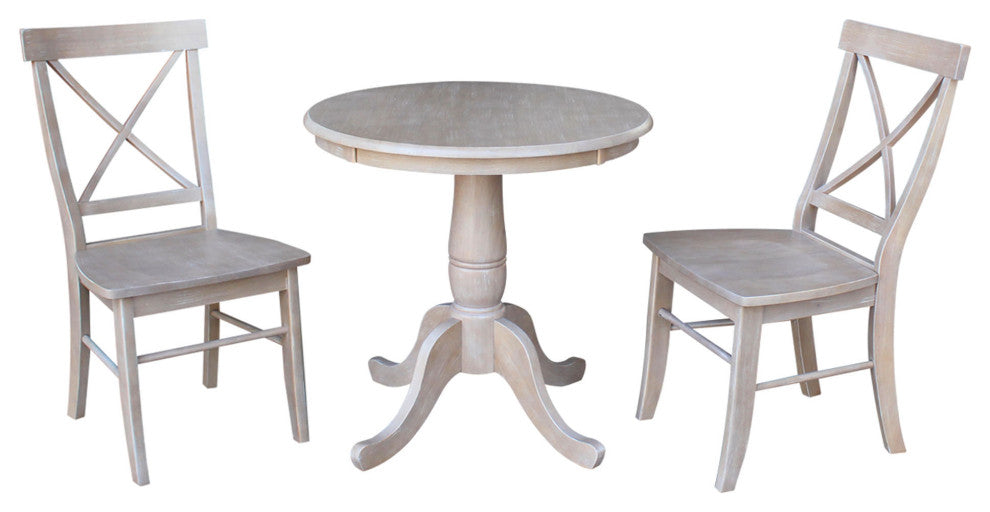 30" Round Top Pedestal Table With X-Back Chairs, 3-Piece Set, Washed Gray Taupe