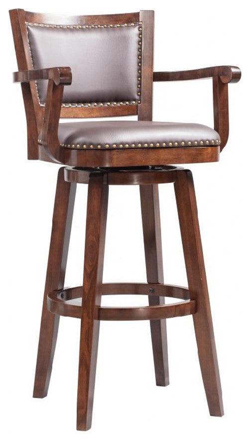Benzara BM183375 Nail head Trim Leather Upholstered Barstool with Arms, Brown