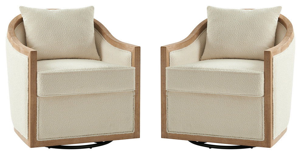 Solid Wood Swivel Chair Set of 2 With Solid Wood Edging, Ivory