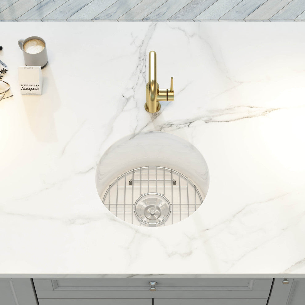 White Fireclay Farmhouse Undermount Kitchen Sink, Bottom Grid and Strain, 19"