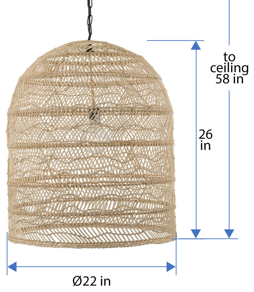 Luhu Open Weave Cane Rib Cloche-shape Pendant Lamp, Natural