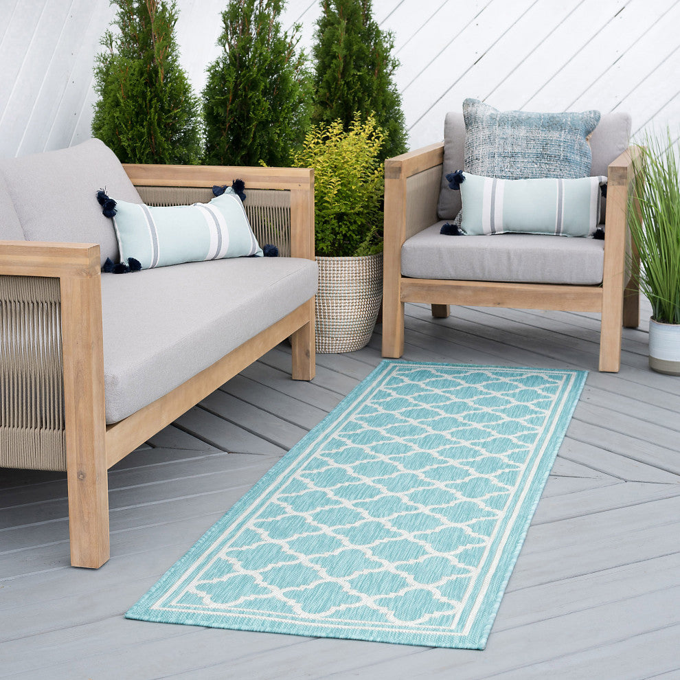 Shaila Transitional Geometric Aqua/Cream Indoor/Outdoor Runner Rug, 2'x7'