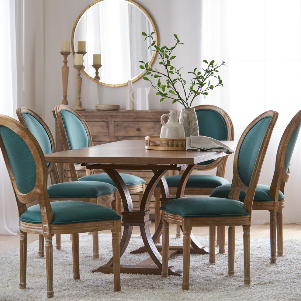Dason French Country Fabric Upholstered Wood 7-Piece Dining Set, Dark Teal/Natural