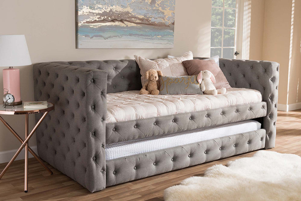 Raven Fabric Tufted Upholstered Daybed With Trundle, Twin Size, Gray