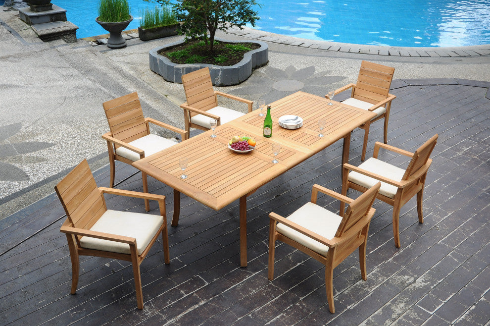 7-Piece Outdoor Teak Dining Set: 94" Rectangle Table, 6 Alps Stacking Arm Chairs