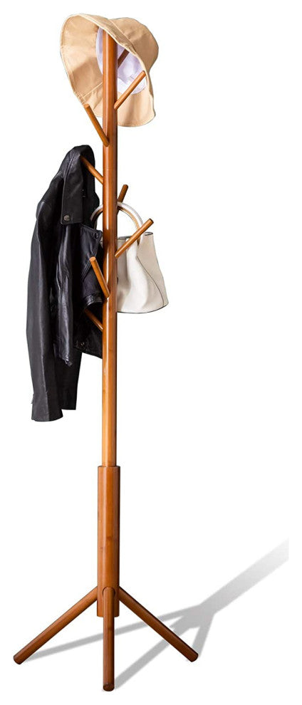 Bamboo Coat Rack Freestanding Stand Tree Adjustable Coat with 3 Sections 8 Hooks