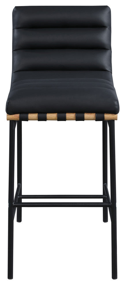 Burke Upholstered Bar Stool, Black, Vegan Leather, White Oak Veneer Metal Dowel
