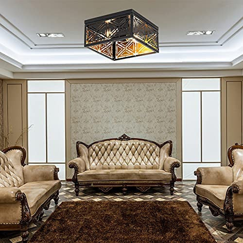 Black Square Ceiling Lamp, Farmhouse, Rust, Flush Mount