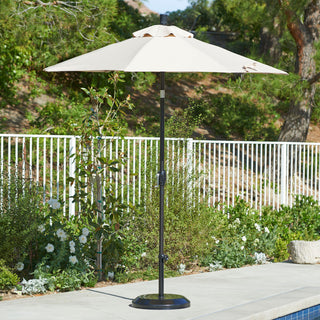 7.5' Bronze Collar Tilt Lift Fiberglass Rib Aluminum Umbrella, Sunbrella, Linen Sesame