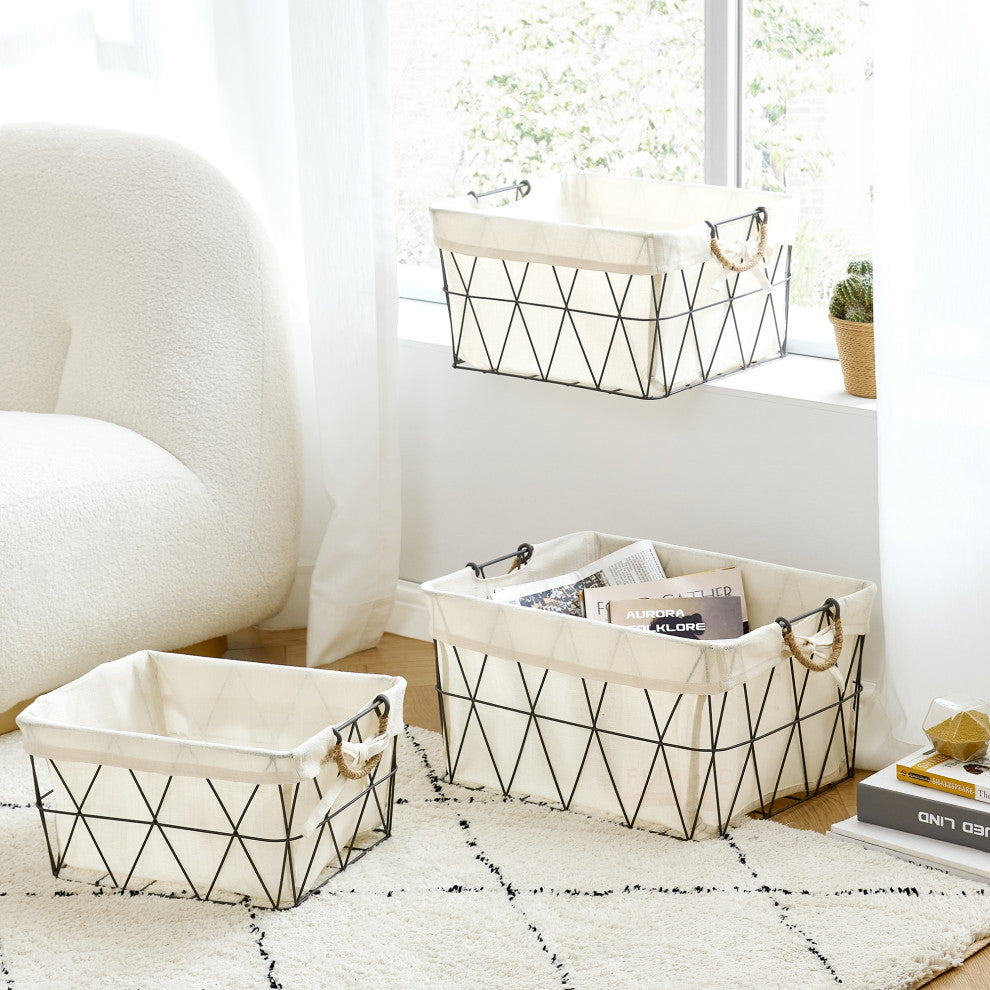 3-Piece Set Lined Tapered Rectangle Storage Baskets w. Jute Handles, Gun Metal