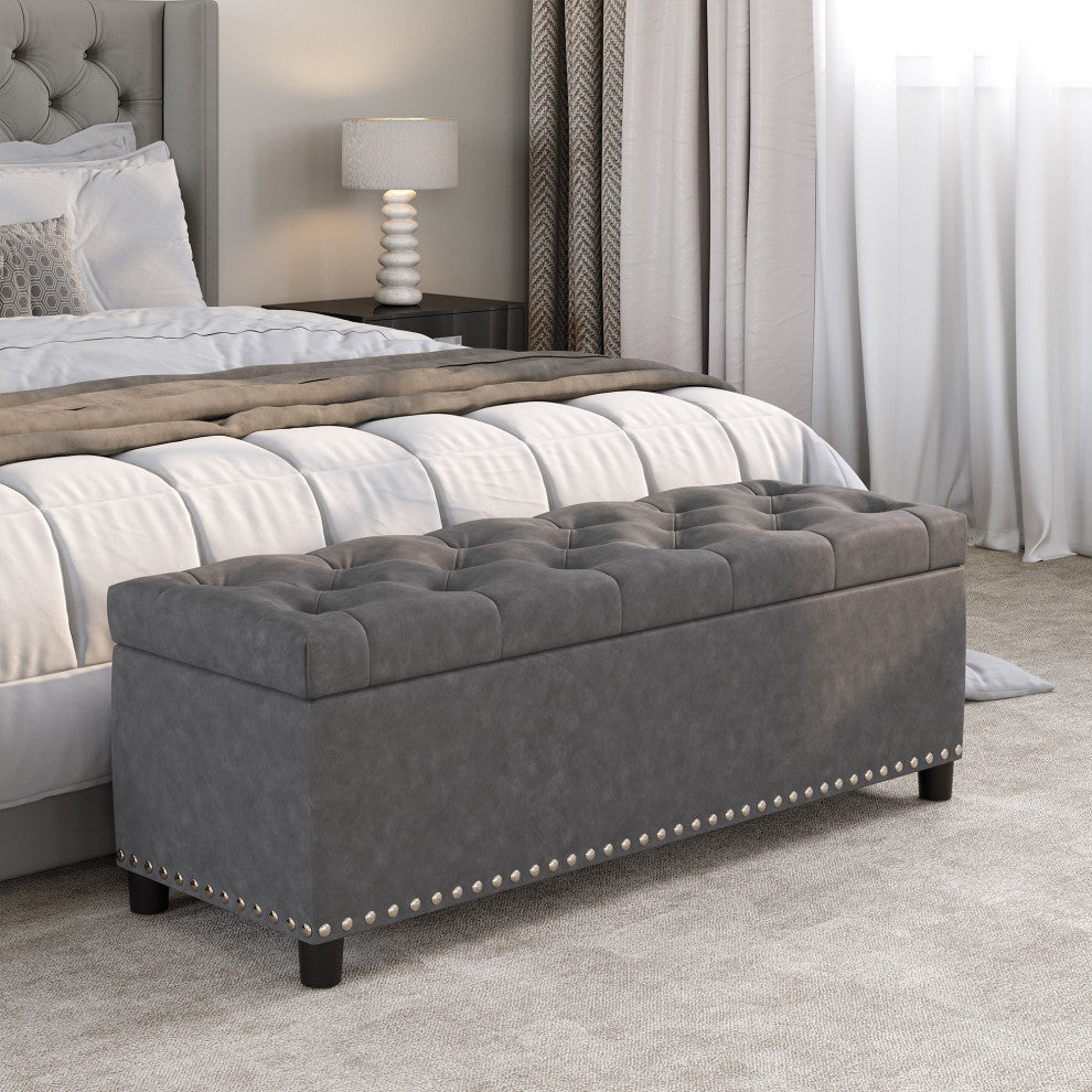 Rectangular Storage Fabric Ottoman, Tufted Footrest Lift Top, 47", Rustic Gray