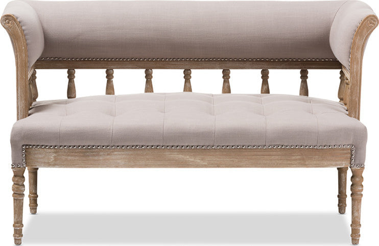 Nora Swedish Gustavian Style Distressed Oak Wood Linen Upholstered Sofa Settee