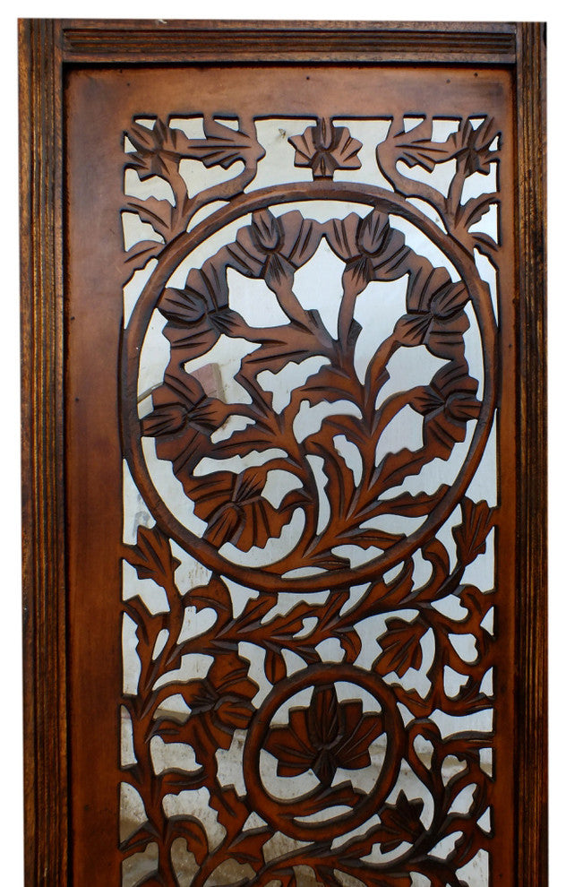 Benzara UPT-176789 4 Panel Room Divider Featuring Lotus Pattern-Reversible