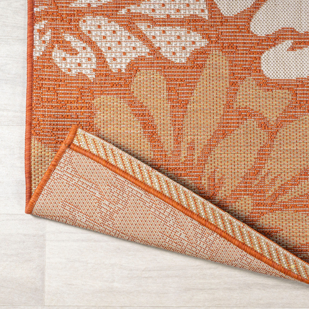Zinnia Modern Floral Textured Weave Indoor/Outdoor, Orange/Cream, 2x10