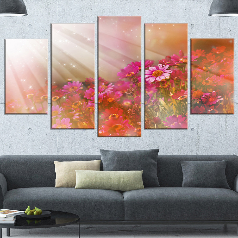 Little Red and Pink Flowers Spring, Floral Canvas Artwork, 60"x32", 5 Panels