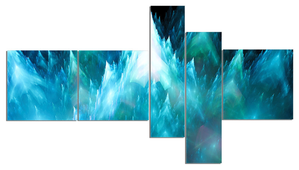 Blue Fractal Crystals Design, Abstract Canvas Art Print, 60"x32", 5 panels
