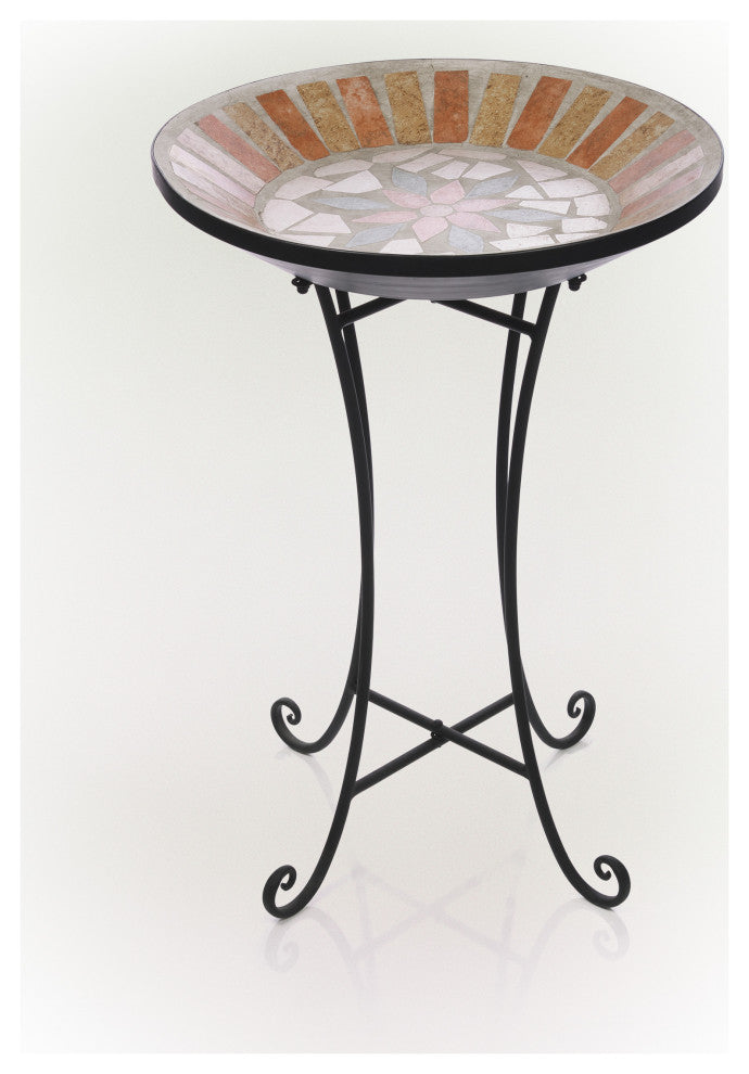 25"H Outdoor Decorative Mosaic Birdbath with Metal Stand, Tan/Beige