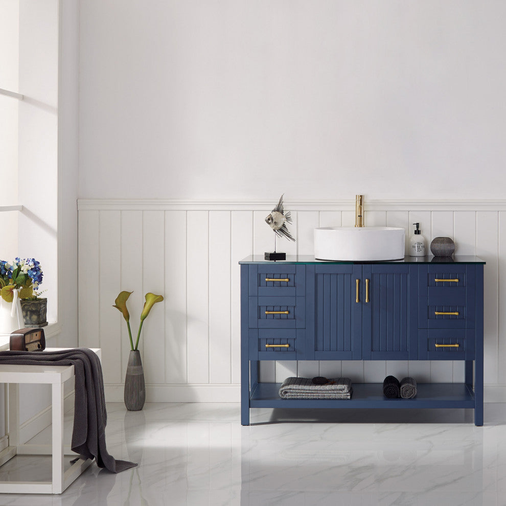 48"? Vanity in Royal Blue with Glass Countertop with White Vessel Sink No Mirror