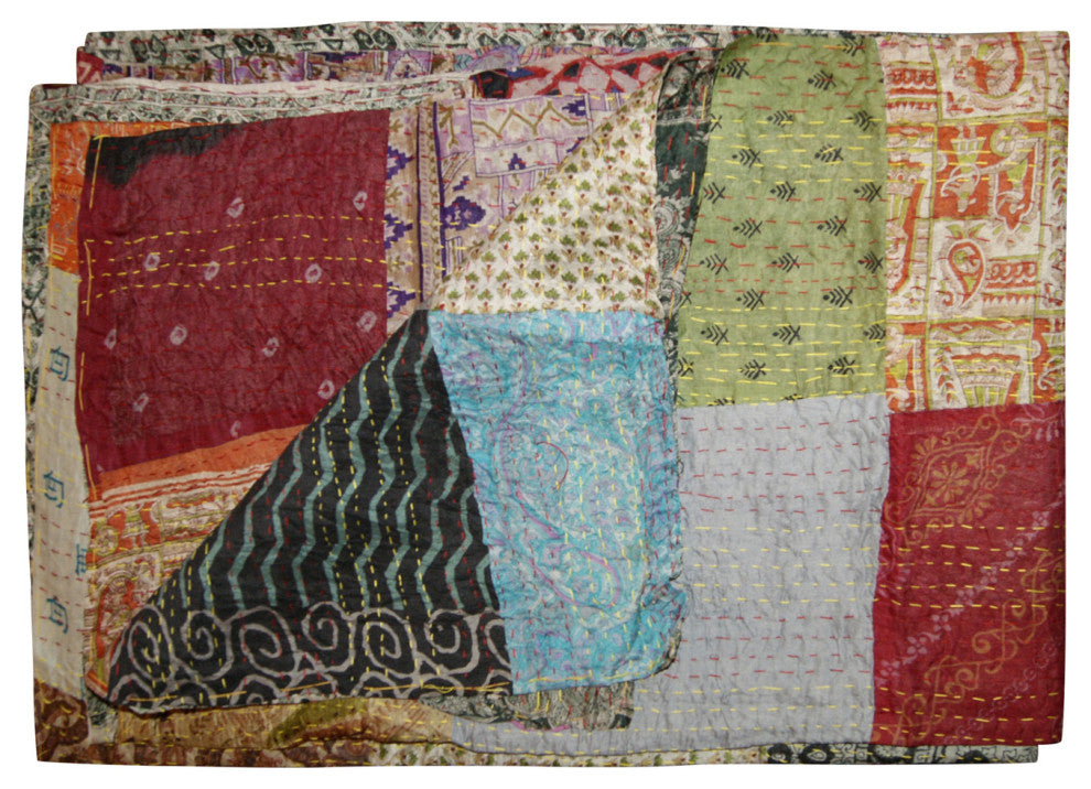 60x90 Blue Black and Brown Kantha Cotton Patchwork Throw Blanket With Embroidery