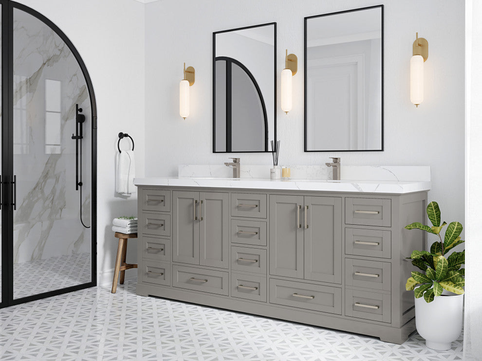 Boston 84 Double Sink Bath Vanity in Elephant Skin Gray 2" Calacatta Laza