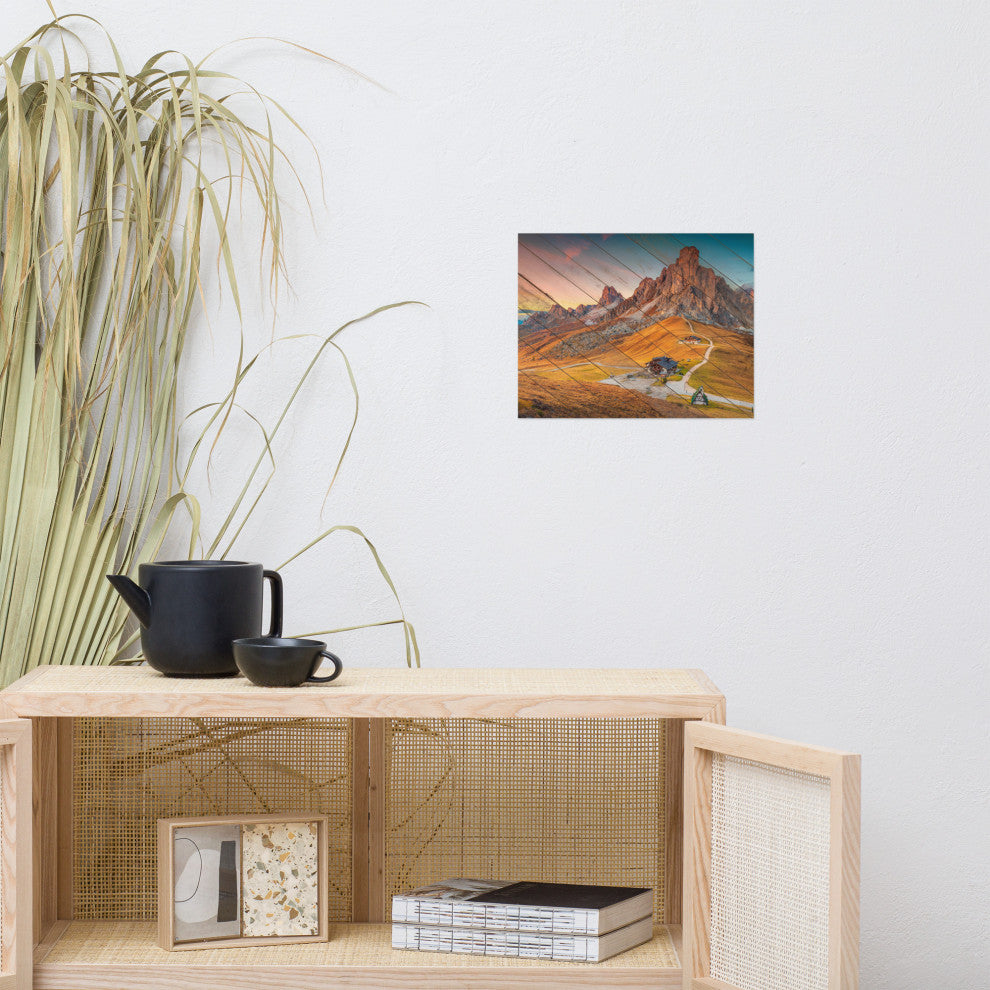 Faux Wood Majestic Sunset & Alpine Mountain Landscape Photo Wall Art Print, 11" X 14"