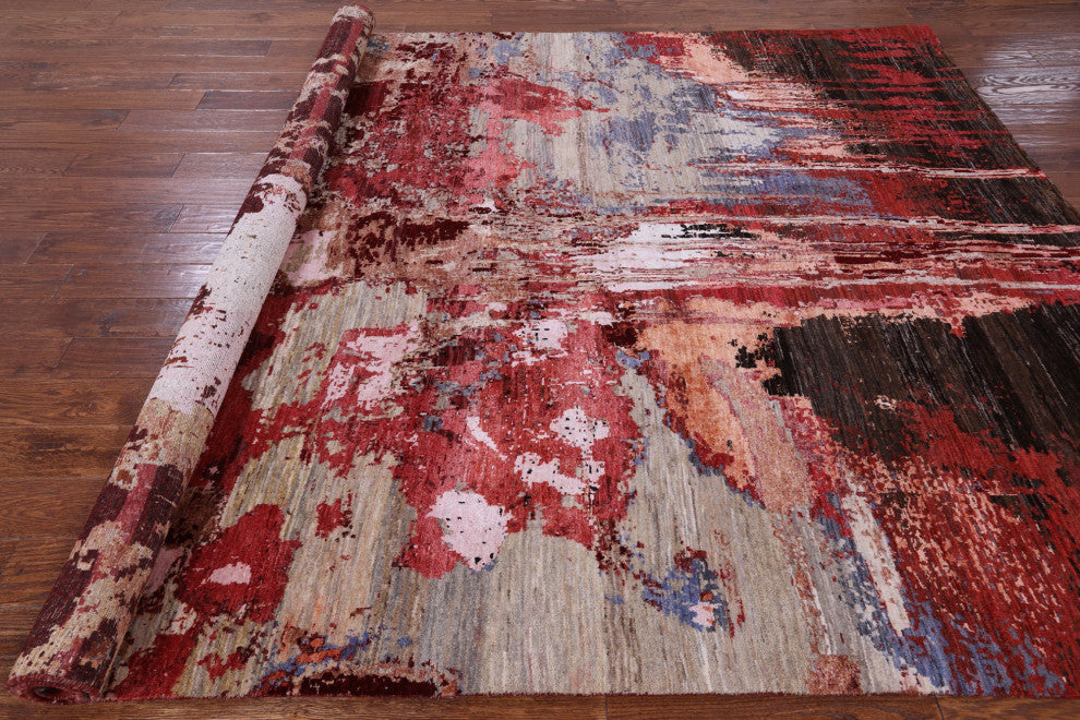 7' 9" X 10' 4" Abstract Hand Knotted Wool and Silk Rug Q8786