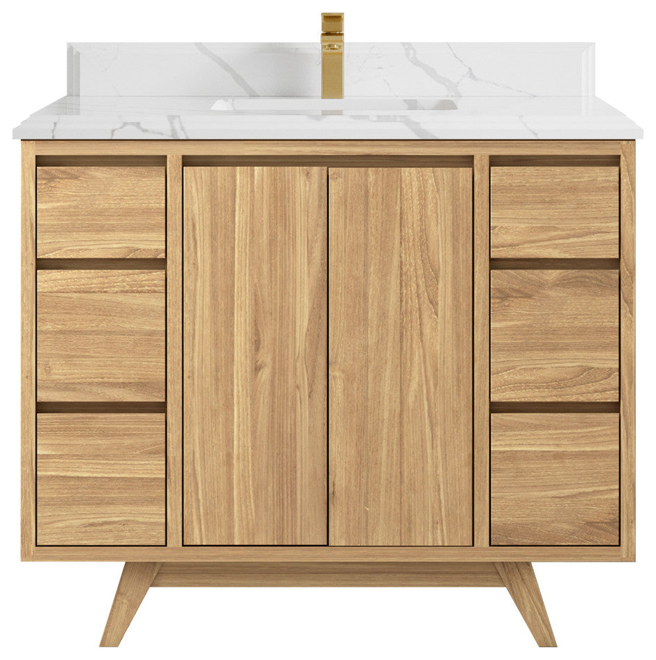 Madison Teak 42 Single Sink Bath Vanity in Light Natural 1.5" Calacatta Laza