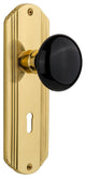 Deco Plate Privacy Black Porcelain Knob, Polished Brass